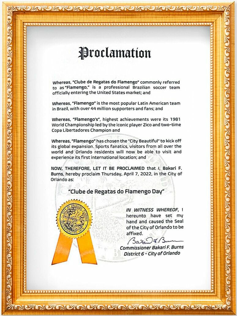 Proclamação do Flamengo Day pela prefeitura de Orlando